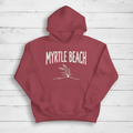 Crimson Myrtle Beach hoodie front flat lay on whitewashed boards by Five Tides Apparel