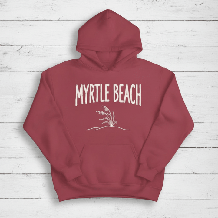 Crimson hoodie front on whitewashed boards