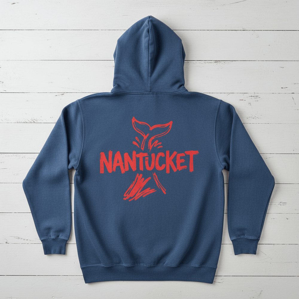 True Navy Nantucket whale tail hoodie back flat lay on whitewashed boards