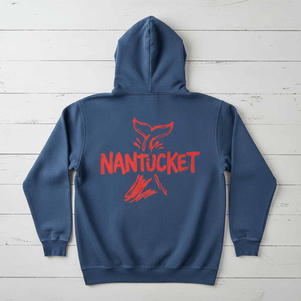 True Navy Nantucket whale tail hoodie back flat lay on whitewashed boards