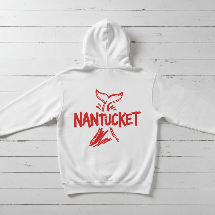 White Nantucket whale tail hoodie back flat lay on whitewashed boards