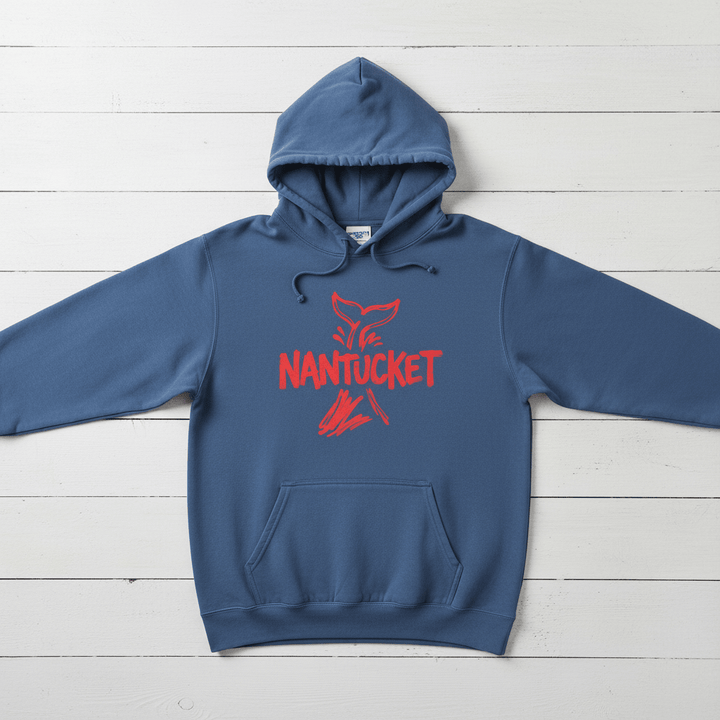 True Navy Nantucket whale tail hoodie front flat lay on whitewashed boards