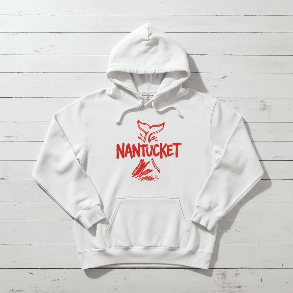 White Nantucket whale tail hoodie front flat lay on whitewashed boards
