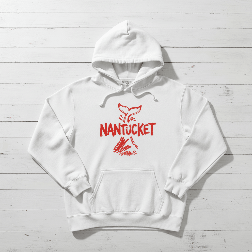 White Nantucket whale tail hoodie front flat lay on whitewashed boards