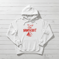 Nantucket Whale Tail white hoodie front flat lay — red line-art graphic pullover by Five Tides Apparel