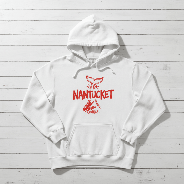 White Nantucket whale tail hoodie front flat lay on whitewashed boards