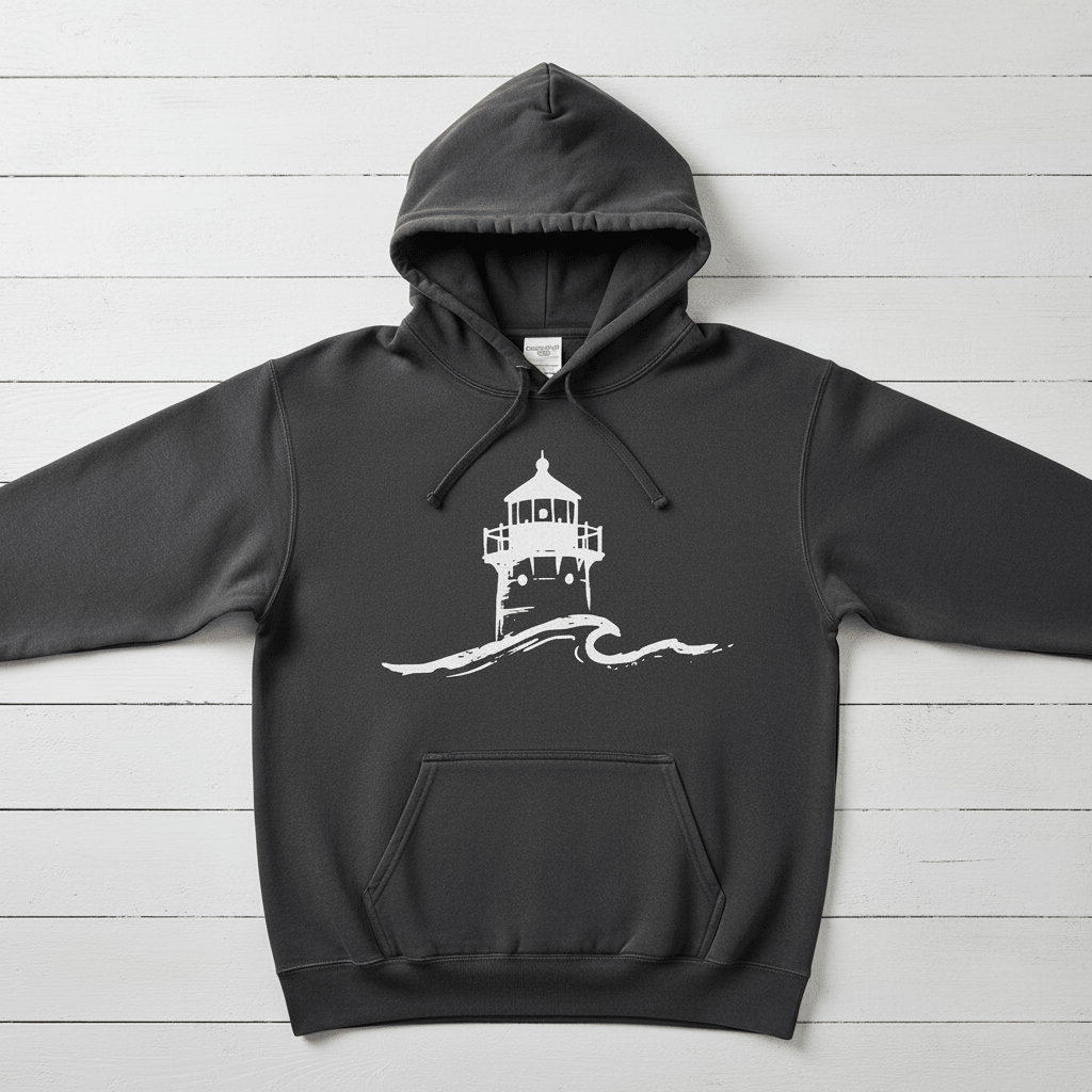 Pepper Nauset Light hoodie front flat lay on whitewashed boards