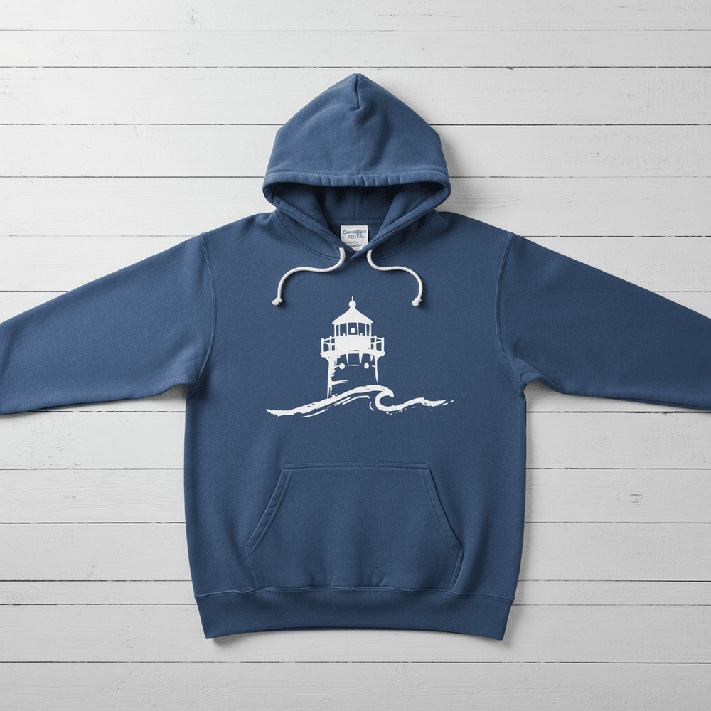 True Navy Nauset Light hoodie front flat lay on whitewashed boards
