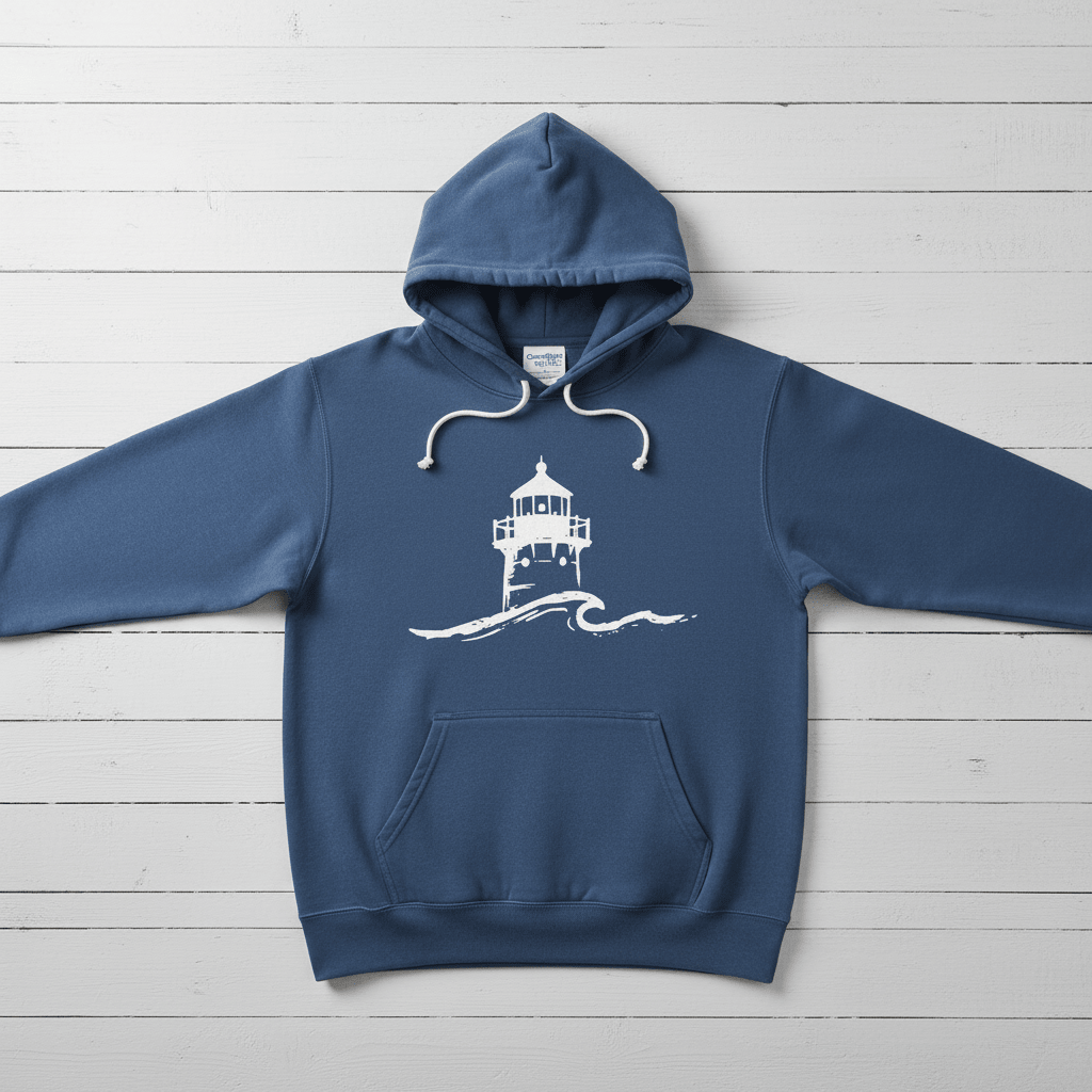True Navy Nauset Light hoodie front flat lay on whitewashed boards
