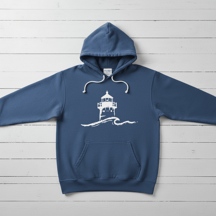 True Navy Nauset Light hoodie front flat lay on whitewashed boards