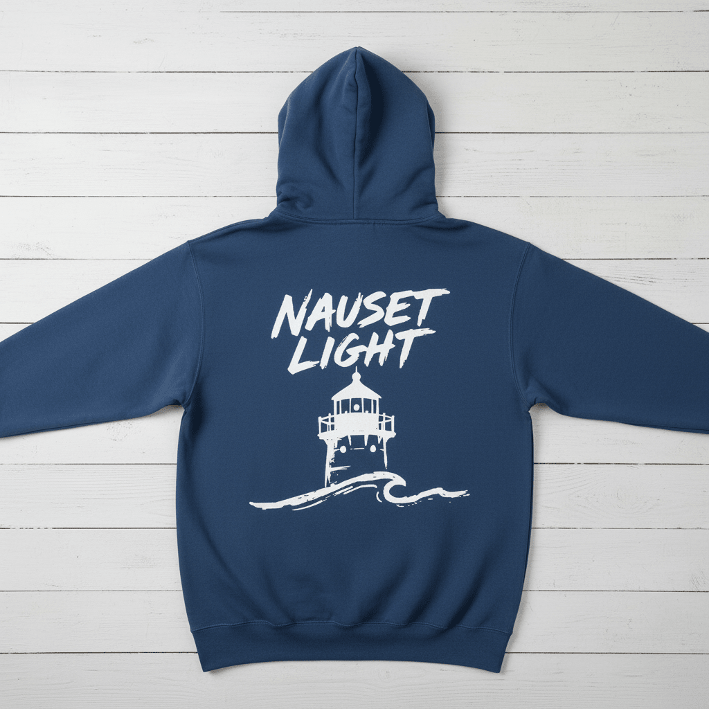 True Navy Nauset Light hoodie back flat lay on whitewashed boards