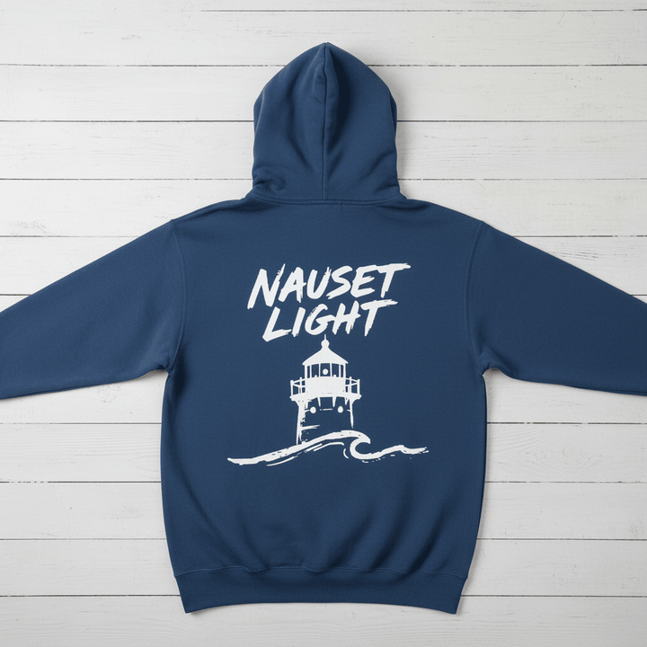 True Navy Nauset Light hoodie back flat lay on whitewashed boards