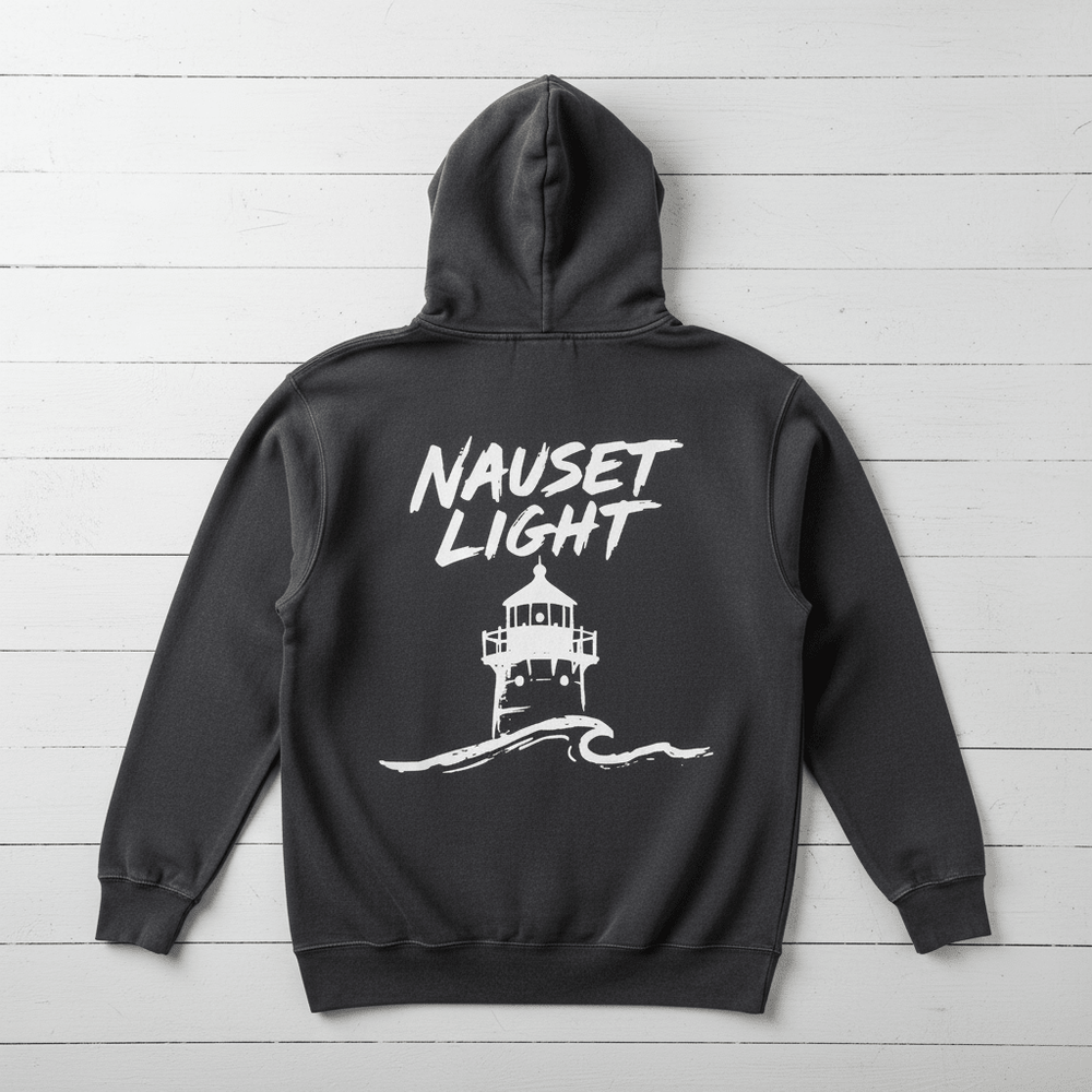 Nauset Light pepper hoodie back view — Nauset Light lighthouse graphic pullover by Five Tides Apparel