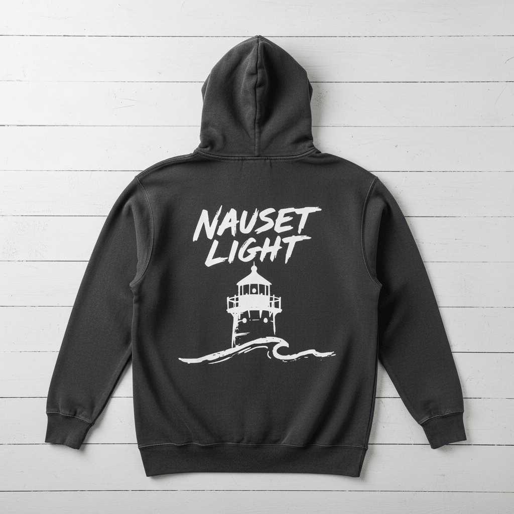 Pepper Nauset Light hoodie back flat lay on whitewashed boards