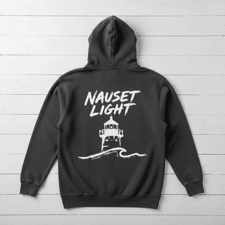 Pepper Nauset Light hoodie back flat lay on whitewashed boards