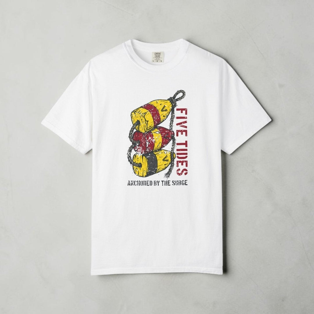 White t-shirt with a graphic design of buoys and text on a white background