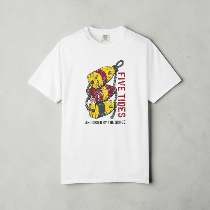 White t-shirt with a graphic design of buoys and text on a white background