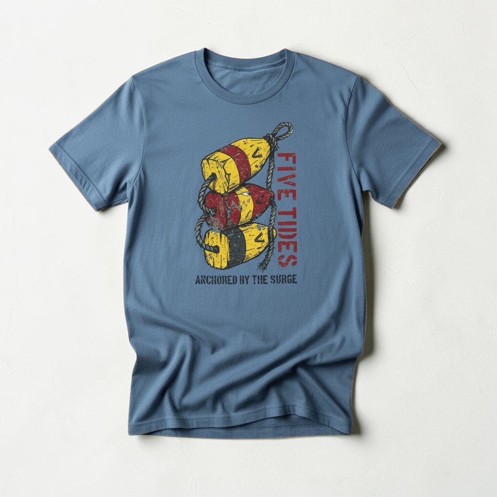 Flat lay - slate blue Five Tides Anchored by the Surge tee on weathered driftwood planks
