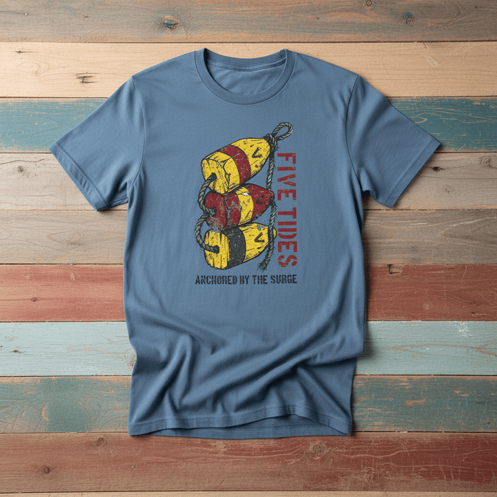 Flat lay - slate blue Five Tides Anchored by the Surge tee on weathered driftwood planks