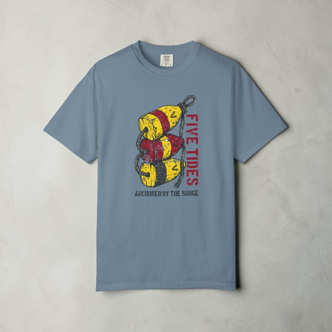 Blue t-shirt with fishing lure graphic and text on a white background