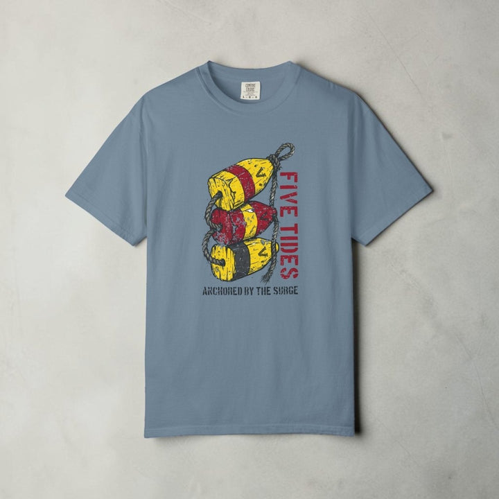 Blue t-shirt with fishing lure graphic and text on a white background