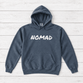 Nomad Coastal Adventure crimson hoodie flat lay — bold wordmark graphic pullover by Five Tides Apparel