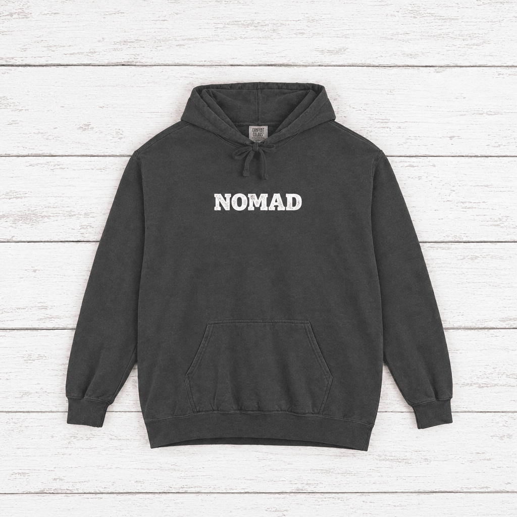 Pepper Nomad hoodie flat lay, detail view — windswept tree graphic pullover by Five Tides Apparel