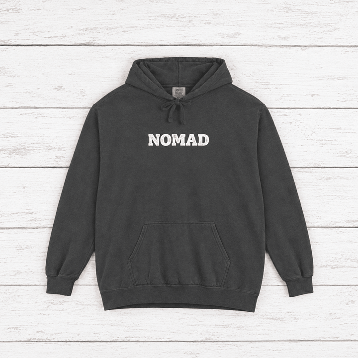 Pepper Nomad hoodie flat lay, detail view — windswept tree graphic pullover by Five Tides Apparel