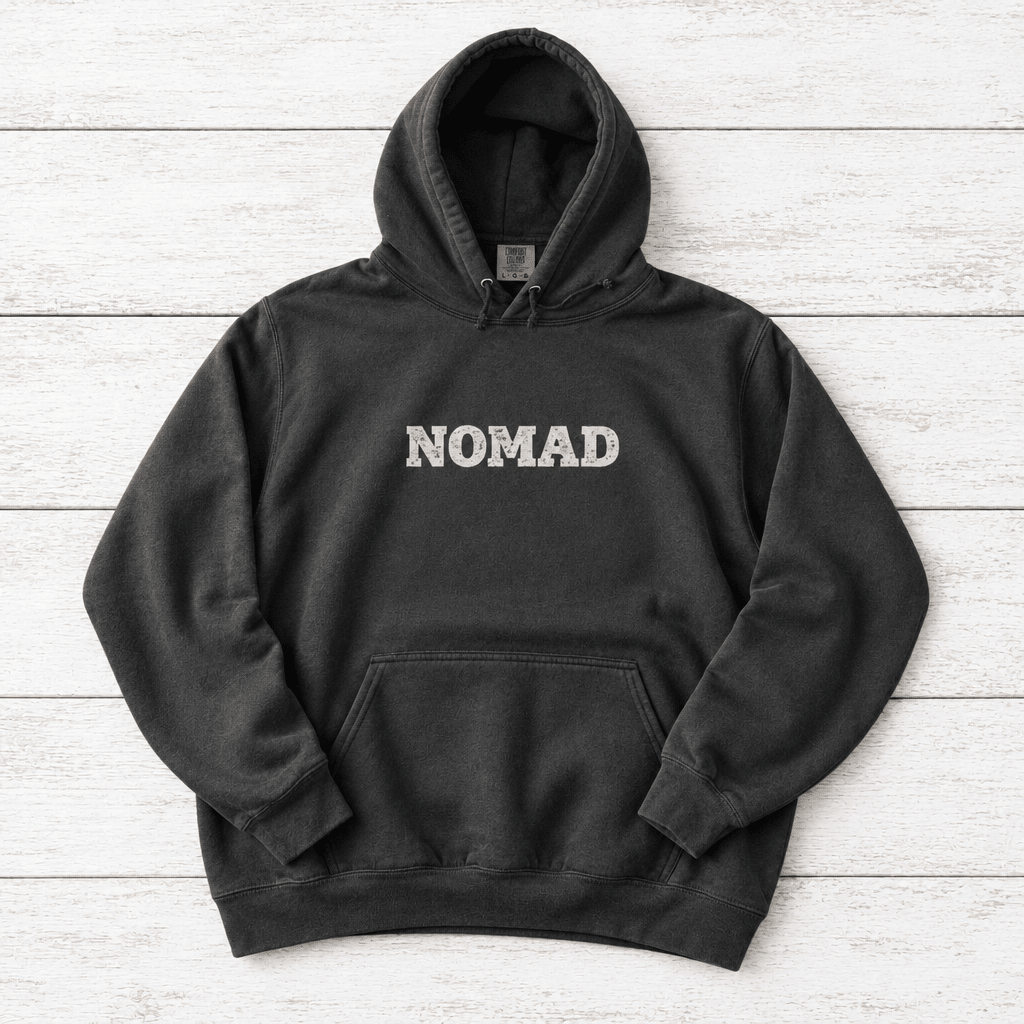Pepper Nomad hoodie flat lay, front view with chest wordmark — coastal graphic pullover by Five Tides Apparel