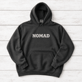 Pepper Nomad hoodie flat lay, front view with chest wordmark — coastal graphic pullover by Five Tides Apparel