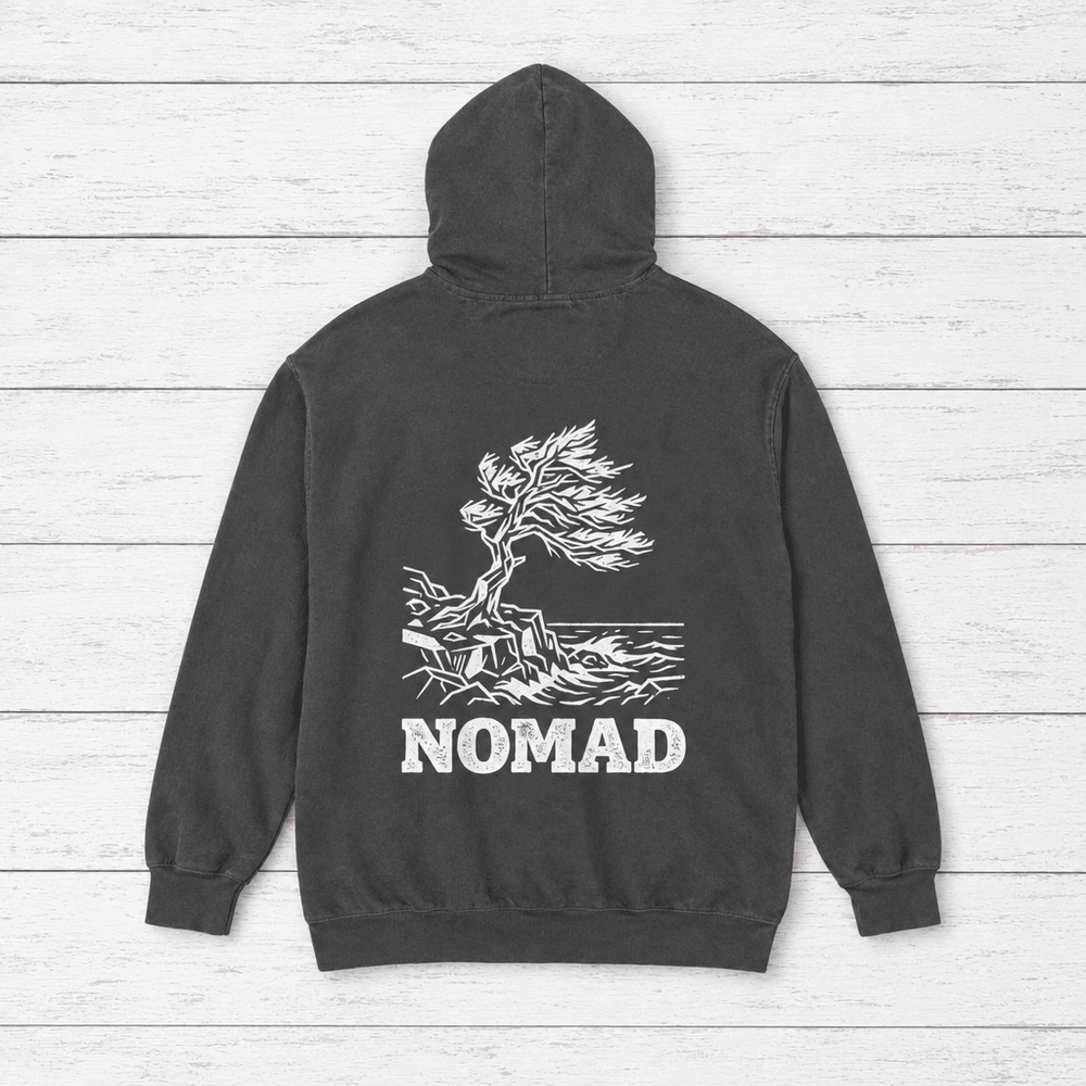 Pepper Nomad hoodie flat lay, back view with windswept tree shoreline print — coastal pullover by Five Tides Apparel