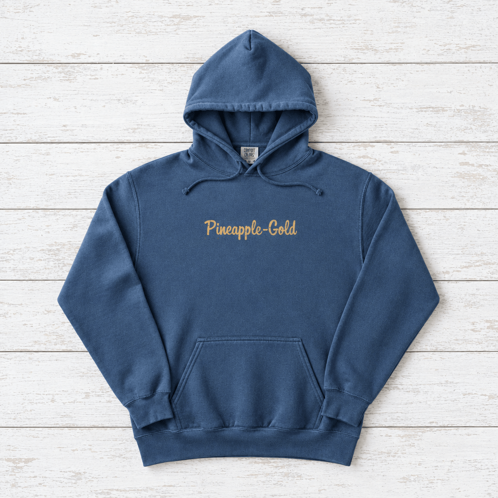 Pineapple-Gold rooster hoodie flat lay on whitewashed boards