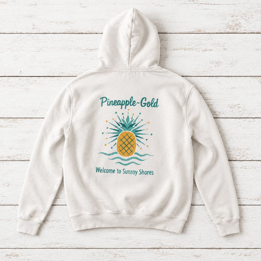 Pineapple-Gold rooster hoodie flat lay on whitewashed boards