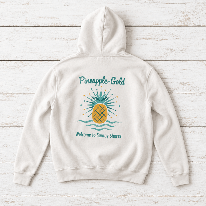 Pineapple-Gold rooster hoodie flat lay on whitewashed boards