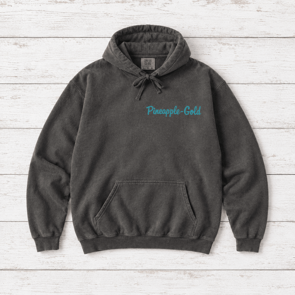 Pineapple-Gold rooster hoodie flat lay on whitewashed boards