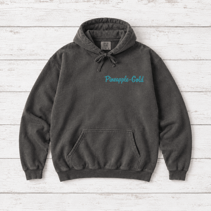 Pineapple-Gold rooster hoodie flat lay on whitewashed boards