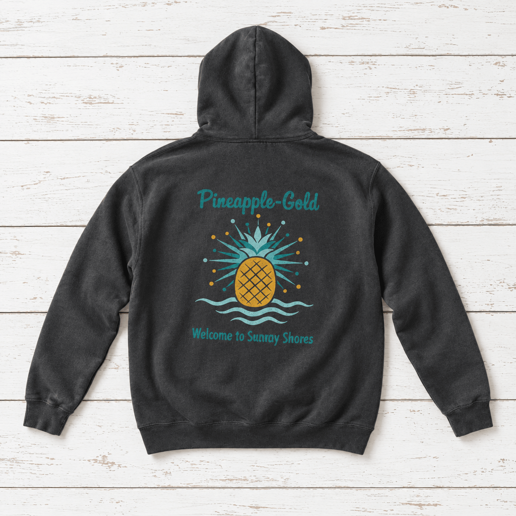 Pineapple-Gold rooster hoodie flat lay on whitewashed boards