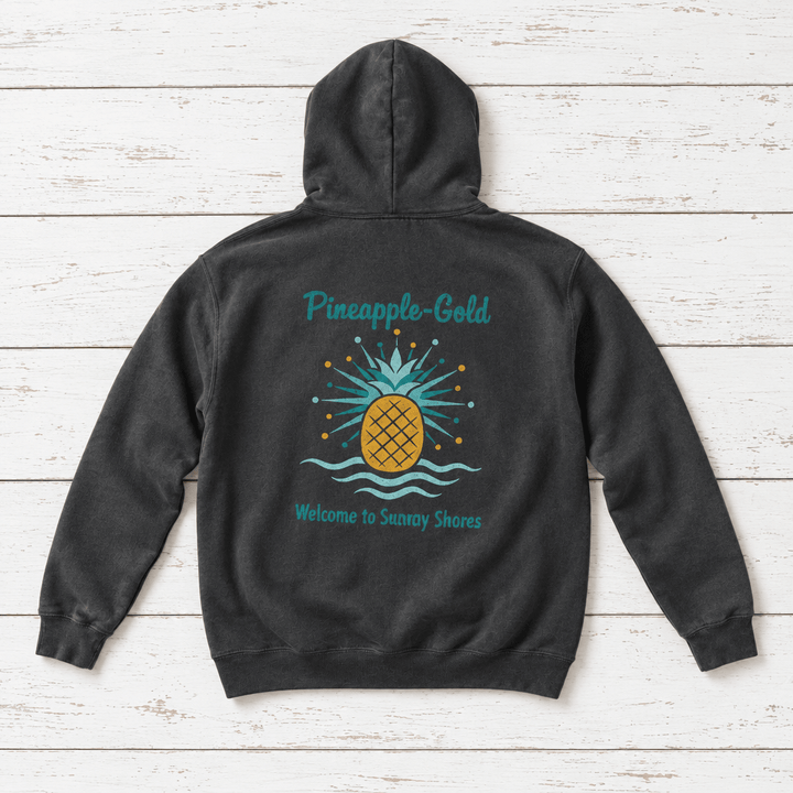 Pineapple-Gold rooster hoodie flat lay on whitewashed boards