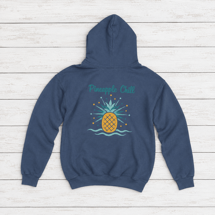 Pineapple-Gold rooster hoodie flat lay on whitewashed boards