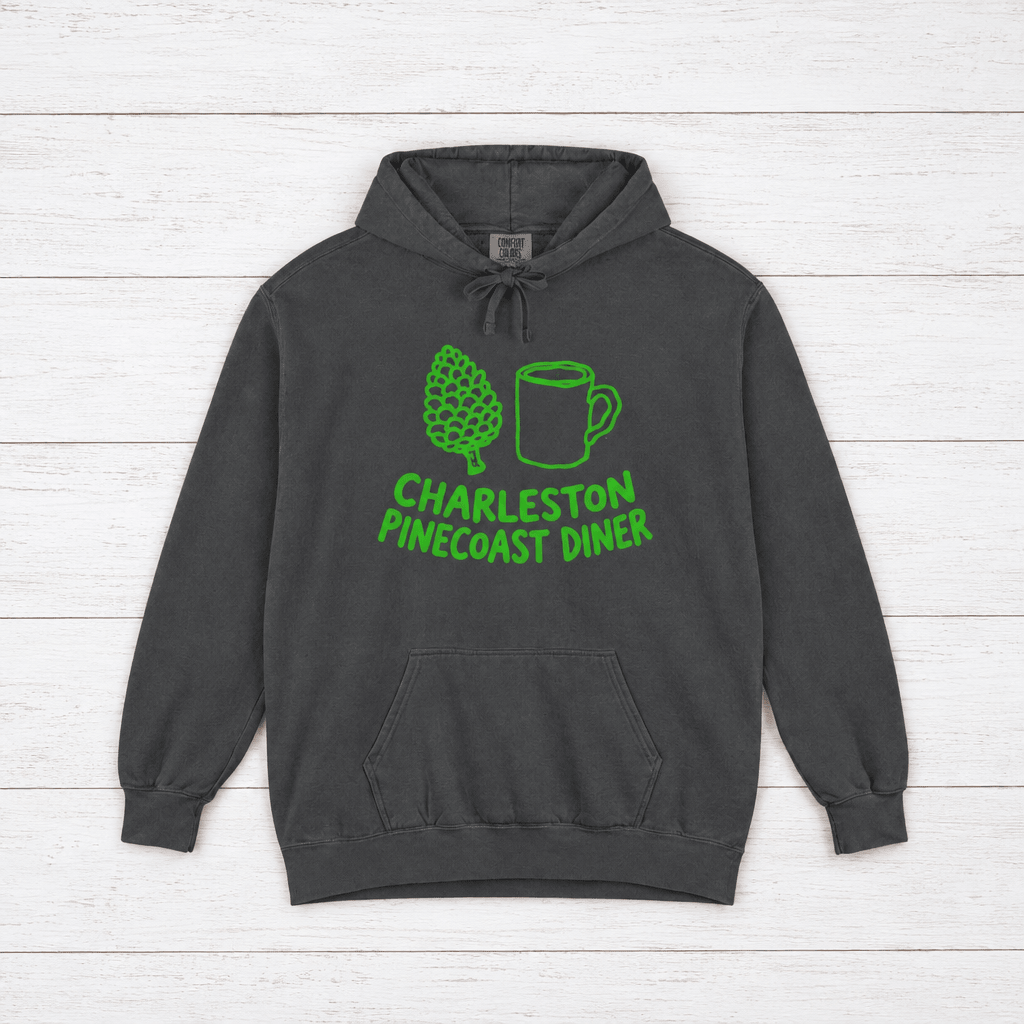 Pinecoast Diner hoodie flat lay on whitewashed boards