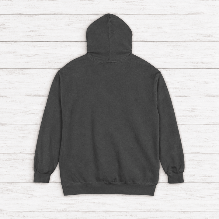 Pinecoast Diner hoodie flat lay on whitewashed boards