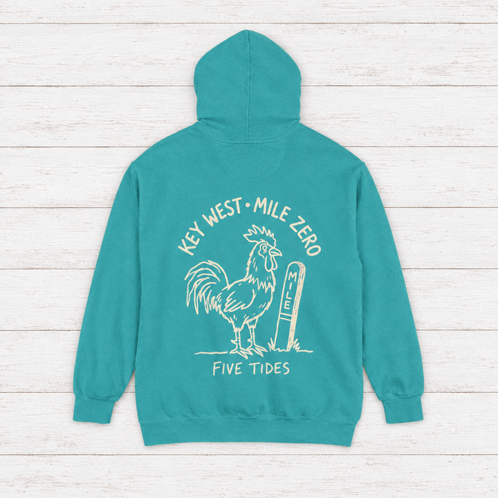 Rooster Surf hoodie flat lay on whitewashed boards
