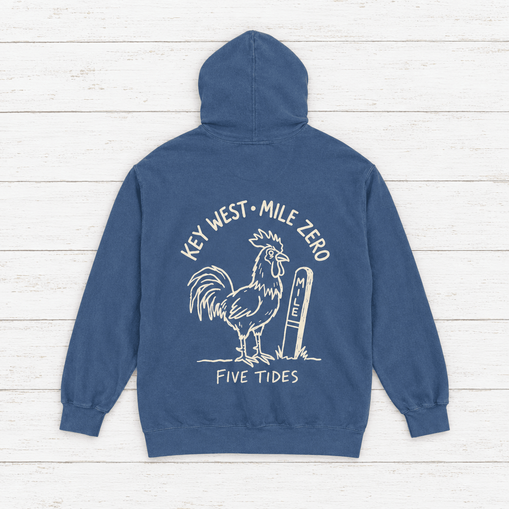 Key West Mile Zero Rooster true navy hoodie back view — Key West Mile Zero rooster graphic pullover by Five Tides Apparel