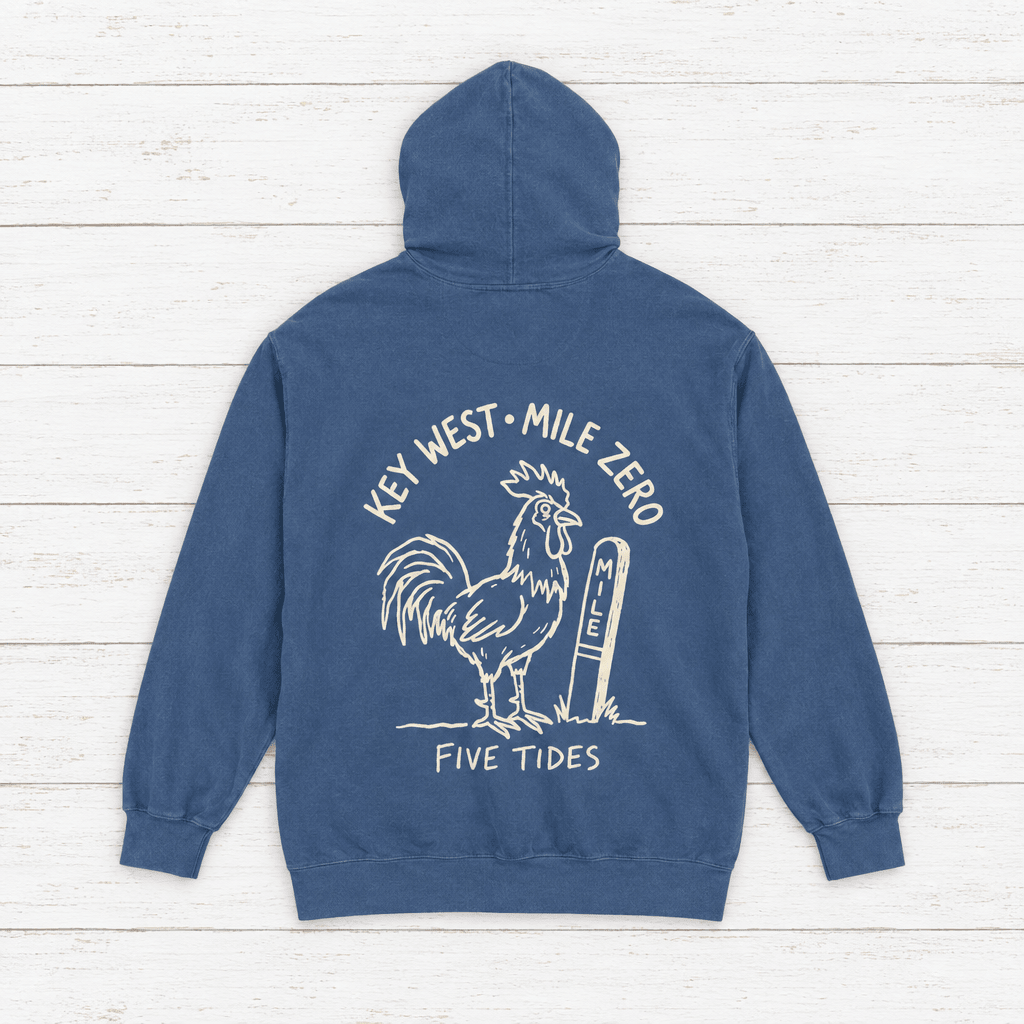Rooster Surf hoodie flat lay on whitewashed boards