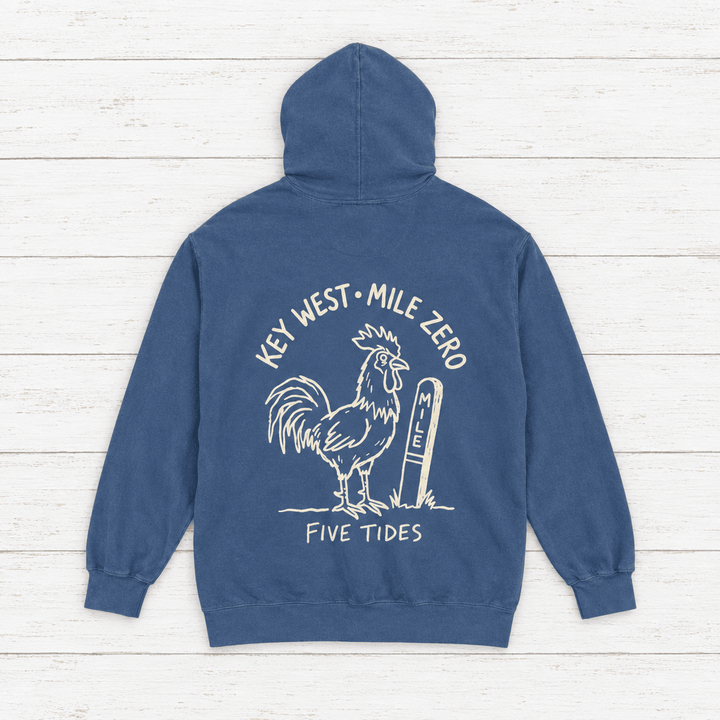Rooster Surf hoodie flat lay on whitewashed boards