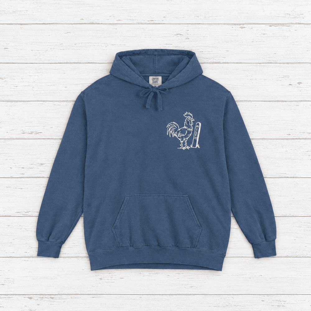 Rooster Surf hoodie flat lay on whitewashed boards