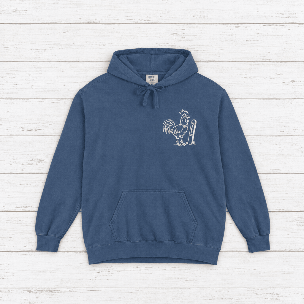 Rooster Surf hoodie flat lay on whitewashed boards