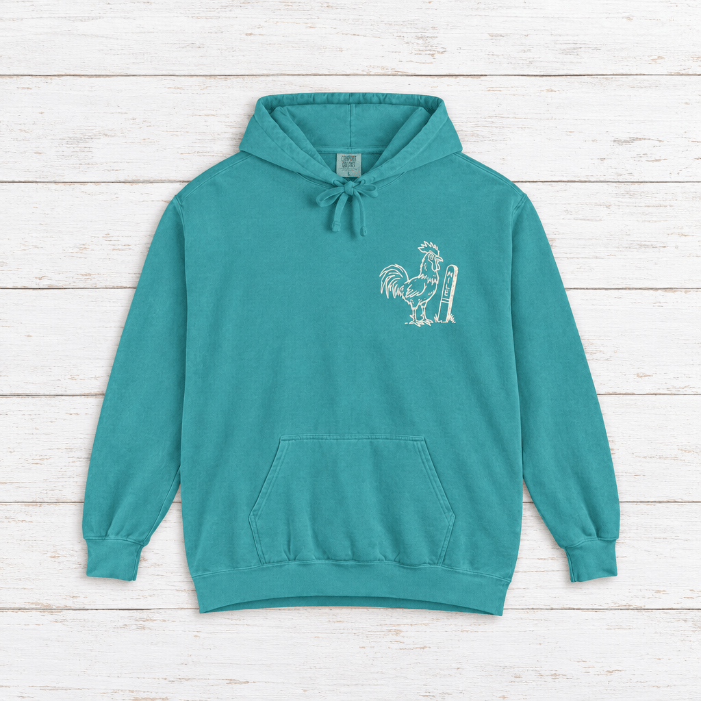 Rooster Surf hoodie flat lay on whitewashed boards
