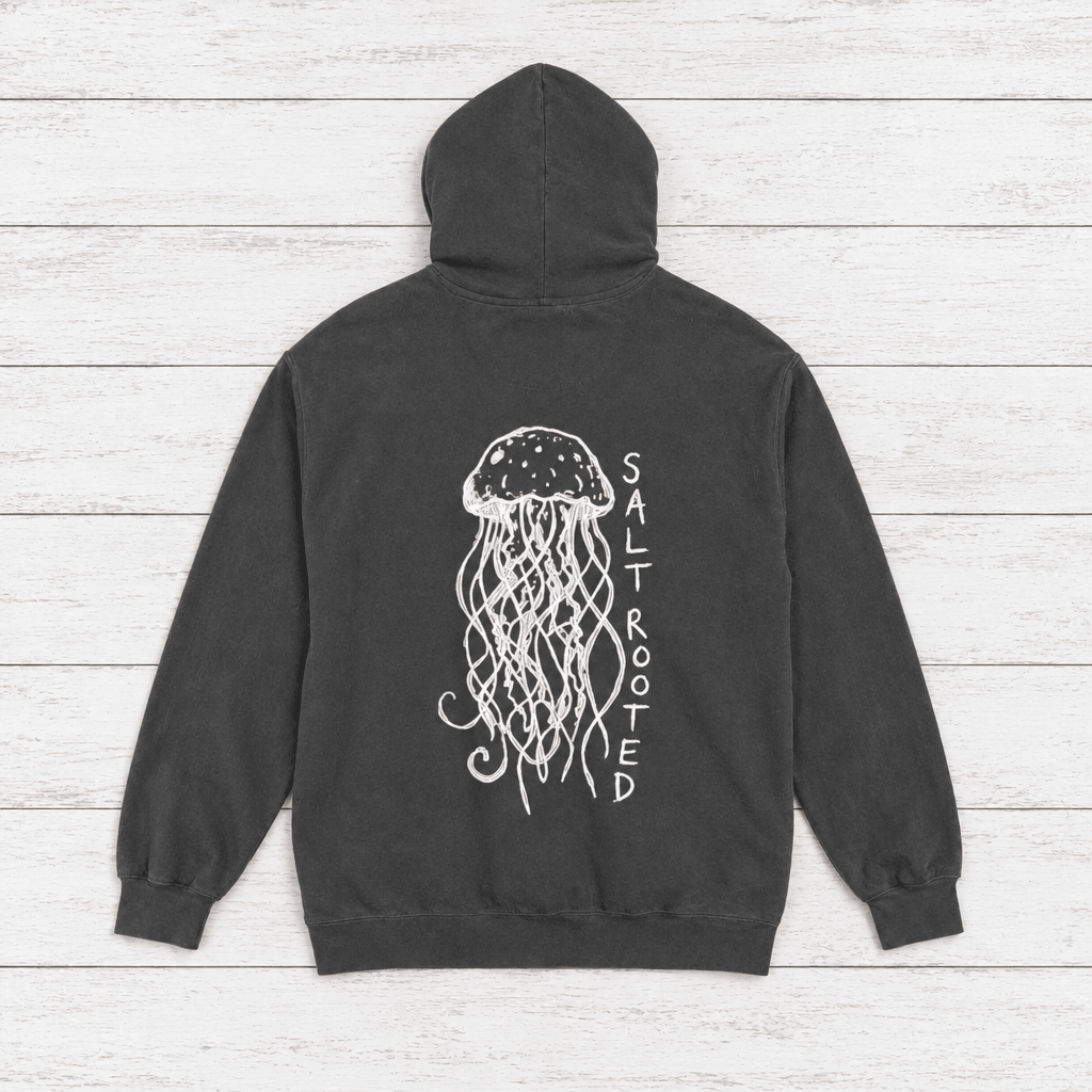 Salt Rooted Jellyfish hoodie flat lay on whitewashed boards