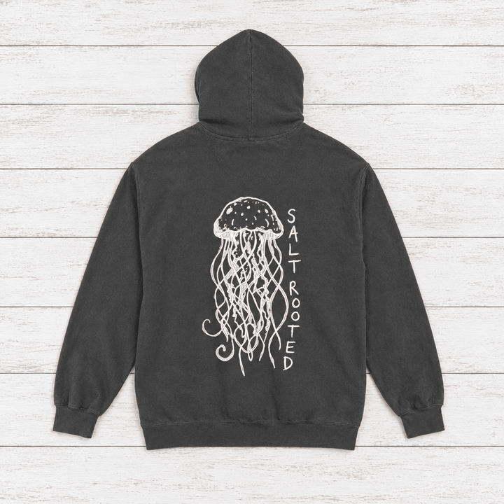 Salt Rooted Jellyfish hoodie flat lay on whitewashed boards